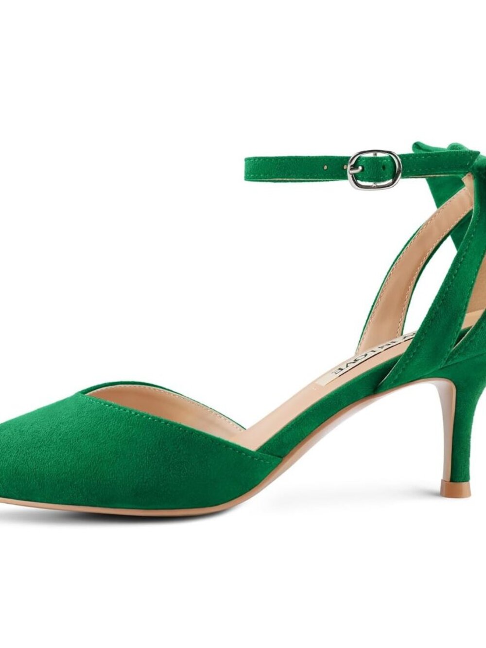 Women's Green Pumps Kitten Bow Heels Closed Pointed Toe Sandals Ankle Strap - Picture 4 of 6